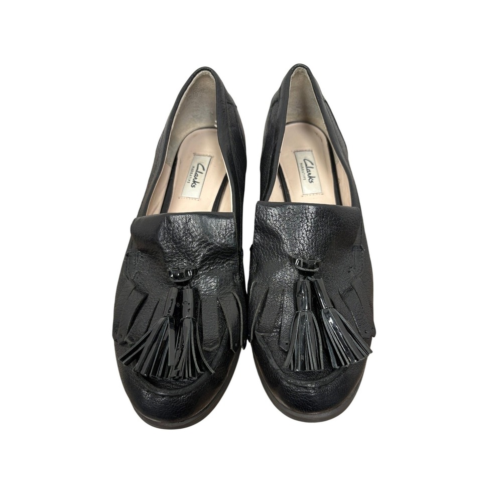 Clarks Narrative Black Pebbled Leather Kiltie Tassel Loafers Womens 8.5 M
